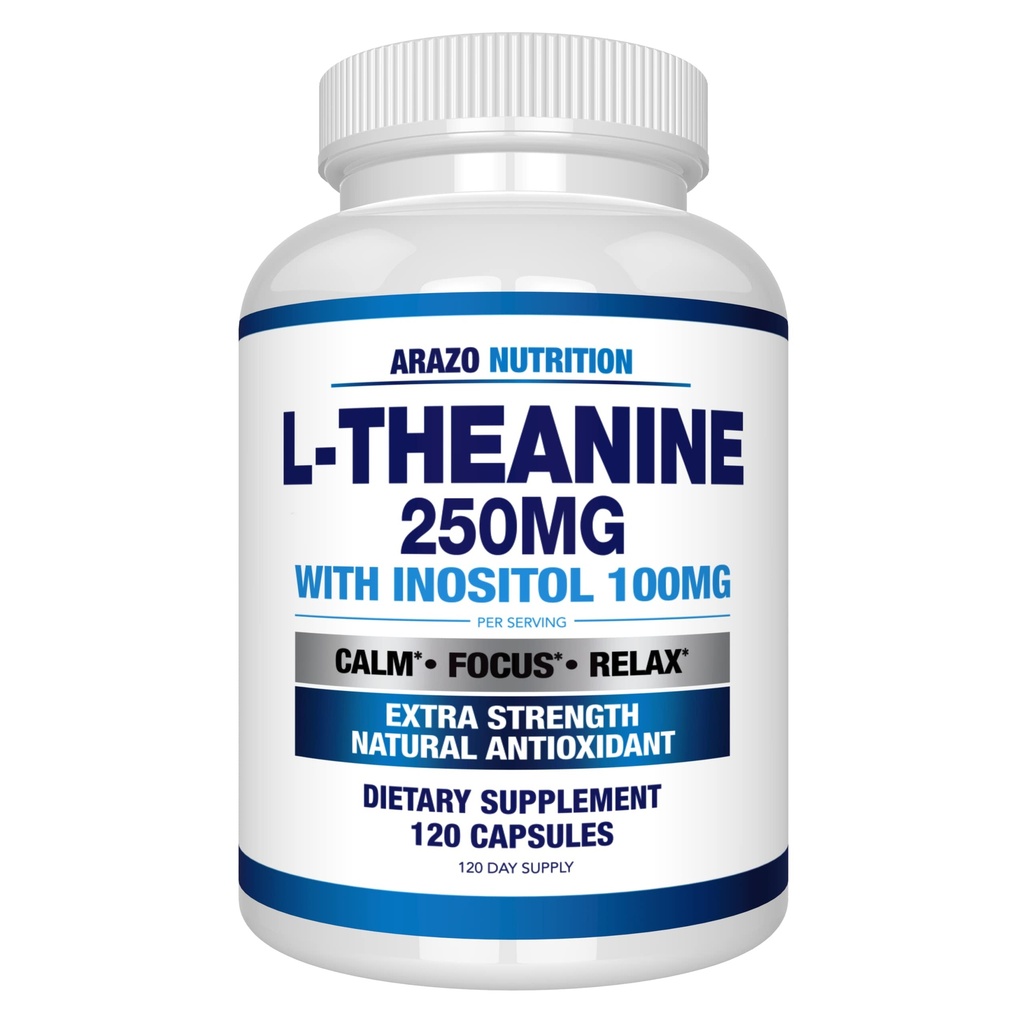 Arazo Nutrition L-Theanine 250mg (Extra Strength) with Inositol 100mg Per Serving, 120 Capsules Vegetarian