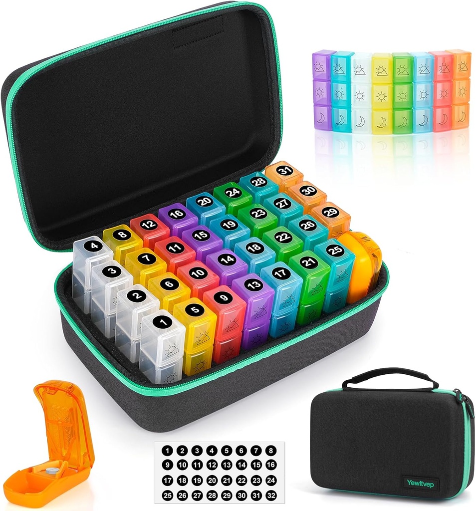 Monthly Pill Organizer 3X a Day with 7-Day Travel Medicine Organizing Bag, Medicine Pill Box with 32 Daily Compartments, 31 Day Pill Holder 30 Day Pill Case for Vitamin, Supplement and Medication
