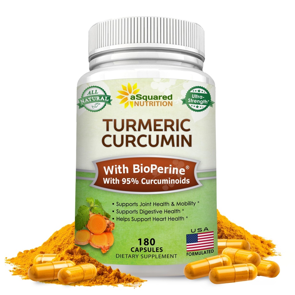 aSquared Nutrition Turmeric Curcumin 1300mg with BioPerine Black Pepper Extract - 180 Capsules - with 95% Curcuminoids, 100% Natural Tumeric Root Powder Supplements, Pure & Joint Stiffness Pills