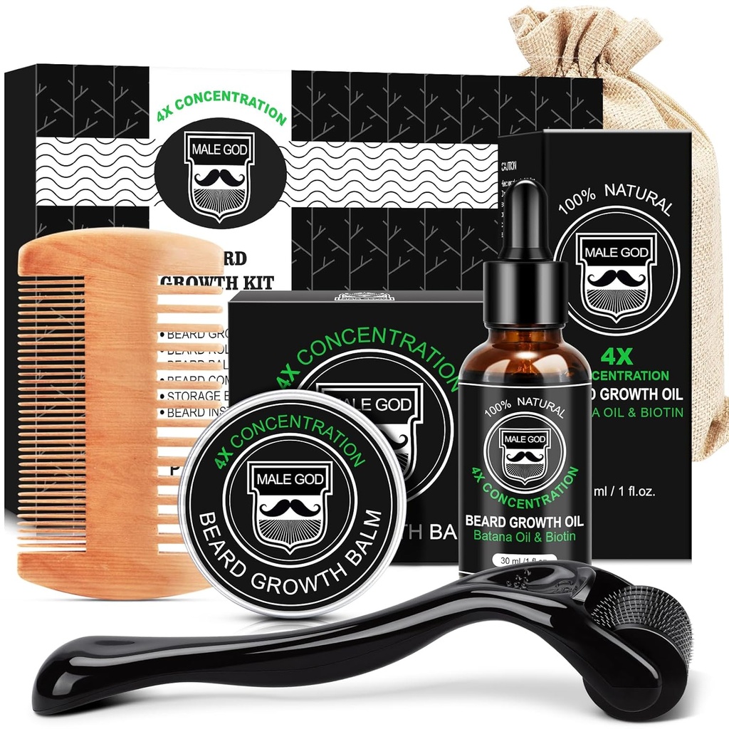 MALE GOD Beard Growth Kit, Beard Kit W/Beard Growth Oil, Beard Balm, Beard Comb, Massager for Spot/Patchy Beard, Christmas Gifts for Men Him Boyfriend Husband