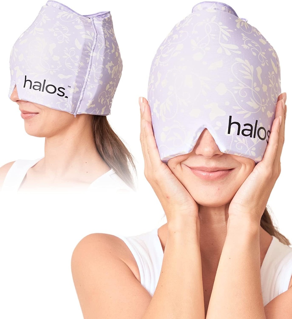 MyHalos® Migraine Relief Cap, 30% Thicker, 2X More Cooling Gel, Stays Colder for Longer, Form Fitting Ice Hat, Ice Pack Head Wrap Relief, Tension Headache Relief Cap (Violet)