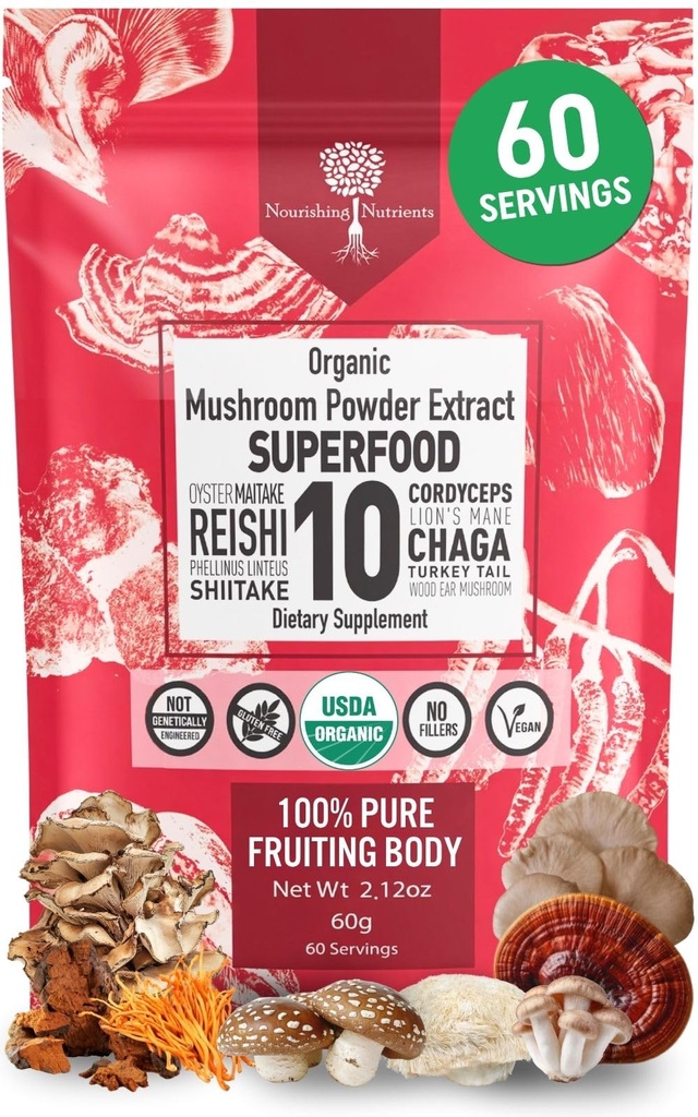USDA Organic 10 Mushroom Supplement Powder, Focus & Immune Support | 100% Fruiting Body, Lions Mane, Cordyceps, Reishi Mushroom, Chaga, Turkey Tail, Mushroom Coffee addin -NO Grain Filler 60 servings