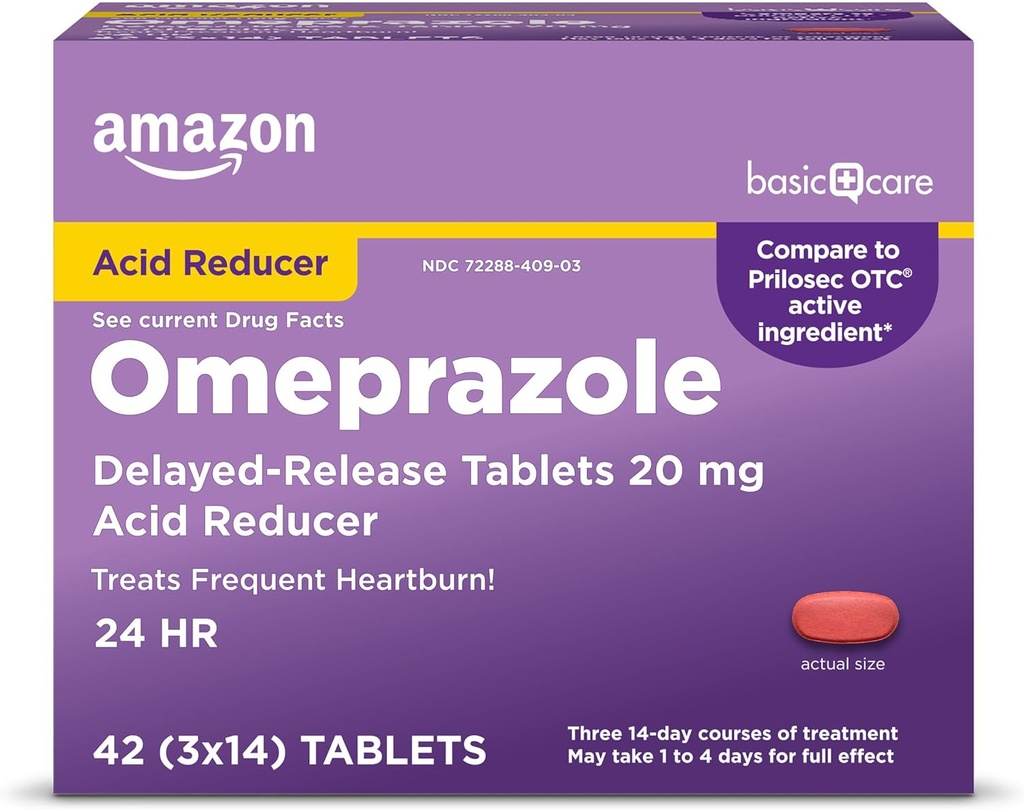   Basic Care Omeprazole Delayed Release Tablets 20 mg, Treats Frequent Heartburn, Acid Reducer, Heartburn Medicine, 42 Count (Pack of 1) (Packaging may vary)