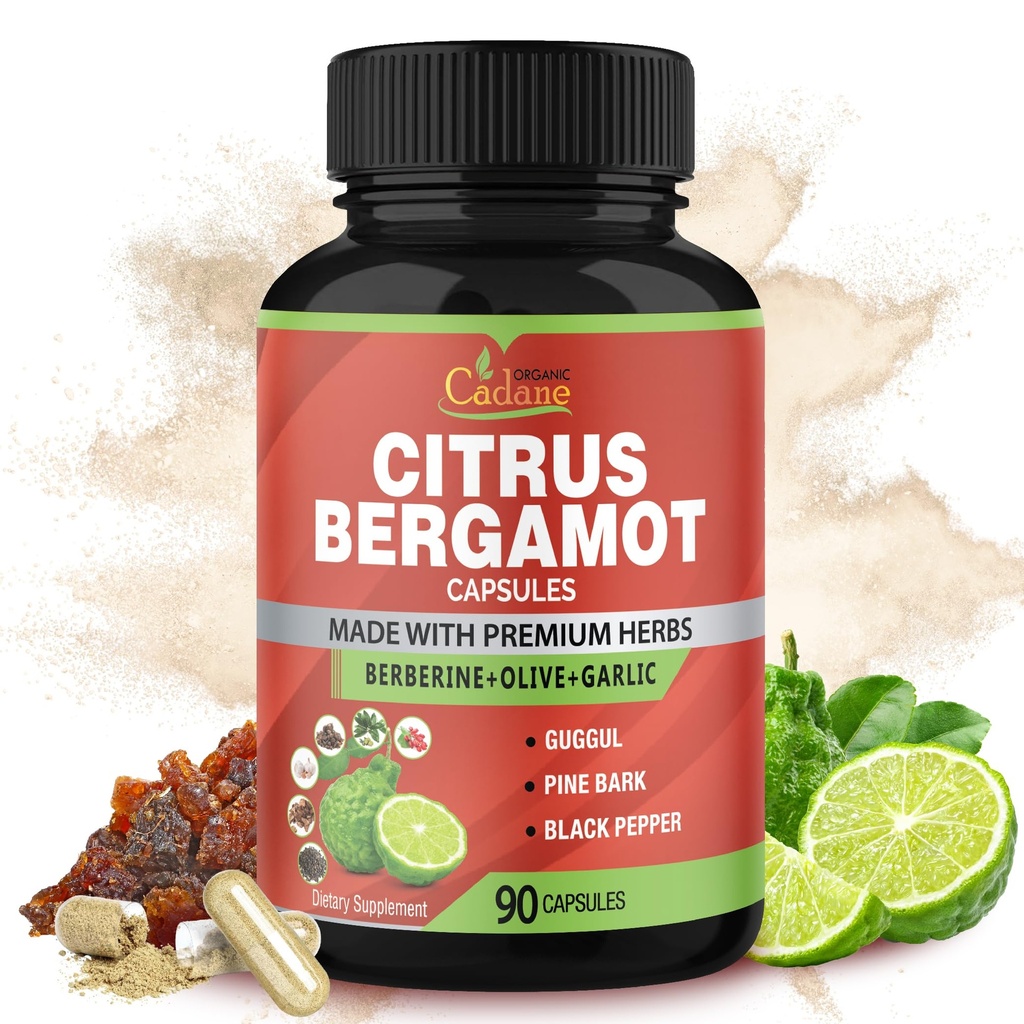 Organic Cadane Citrus Bergamot Supplement Extract Capsules, 90 Caps, 3 Months Supply & Berberine, Olive, Guggul, Garlic, Pine Bark, Black Pepper