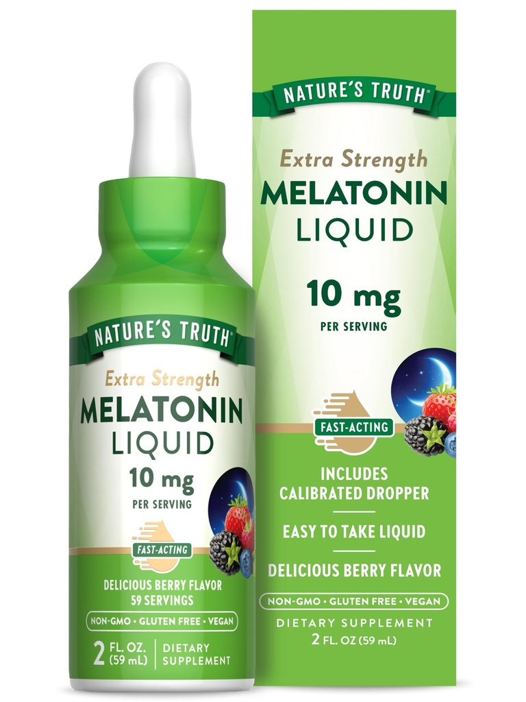 Nature's Truth Melatonin Liquid | 10 mg | 2 Fl oz Maximum Strength for Adults | Berry Flavor | Vegan, Non-GMO & Gluten Free Supplement