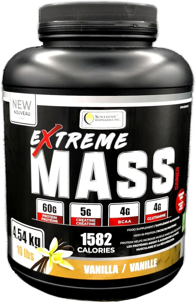 Extreme Mass Weight Gainer Muscle Builder, 10 lb (4.54 kg) with Less Sugar for Intense Workout Training Made of high Calorie Fortified whey Protein (Vanilla)