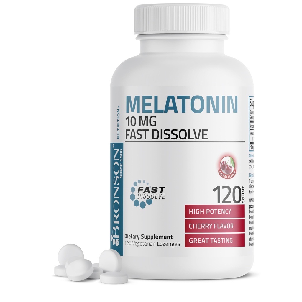 Bronson Melatonin 10mg Fast Dissolve Cherry Flavored Tablets Vegetarian Chewable Lozenges, 120 Count