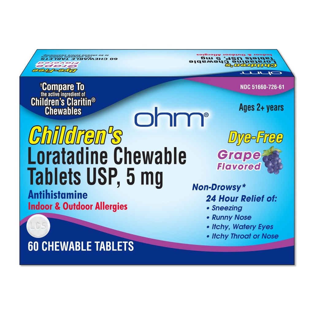 Ohm Children's Allergy Medicine, Loratadine 5mg, Chewable Tablets (60 Count) Grape Flavor, Non-Drowsy Antihistamine, 24-Hour Allergy Relief for Runny Nose, Watery Eyes, Itchy Throat & Nose