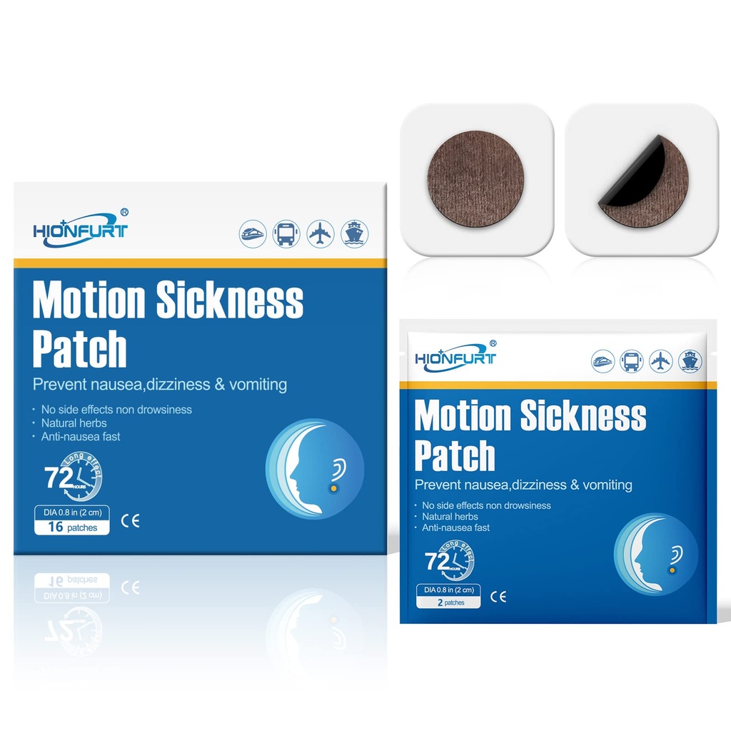 Hionfurt 16ct Motion Sickness Patches – Sea Sickness Patches for Cruise, Car, Airplane, and Other Travel – Non-Drowsy, Effective, Lasts 72 Hours