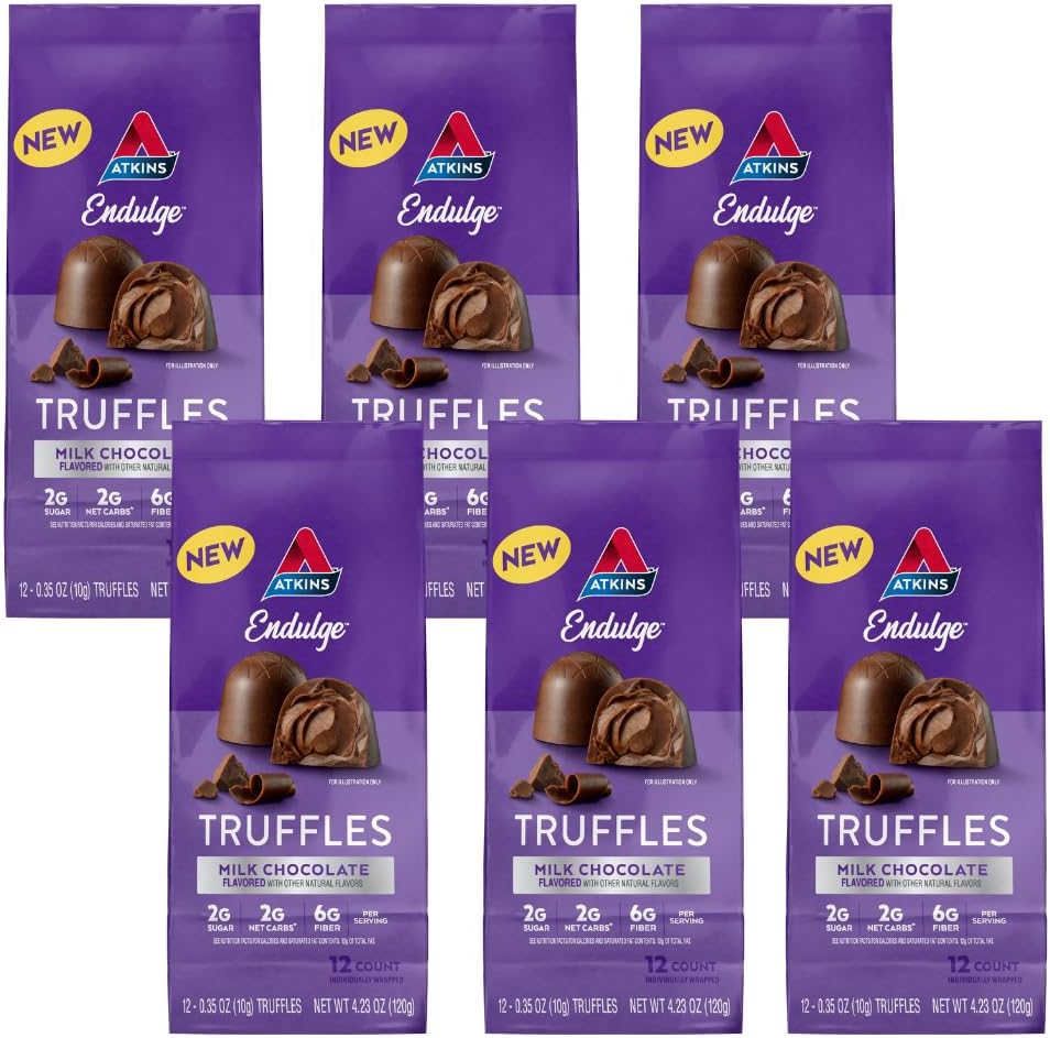 Atkins Endulge Milk Chocolate Truffles, Low Sugar, Low Carb, Keto Friendly, 6 Pack (12 Truffles Each Pack)