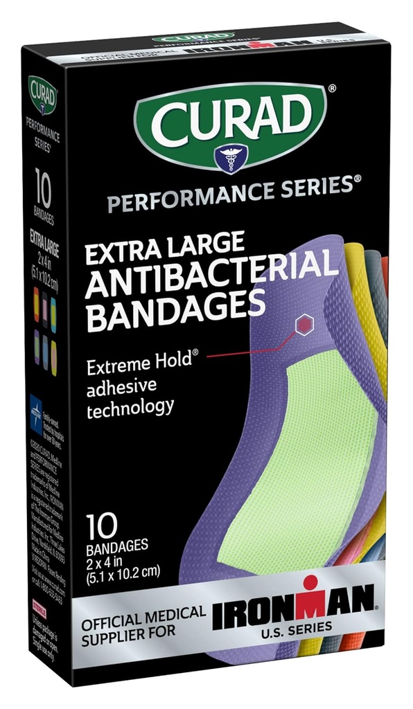 CURAD Performance Series IRONMAN Antibacterial Bandages, Extreme Hold Adhesive Technology, Extra Large Flexible Fabric Bandages for Cuts, Scrapes, & Burns, Assorted Colors, 2 x 4 inches, 10 Count