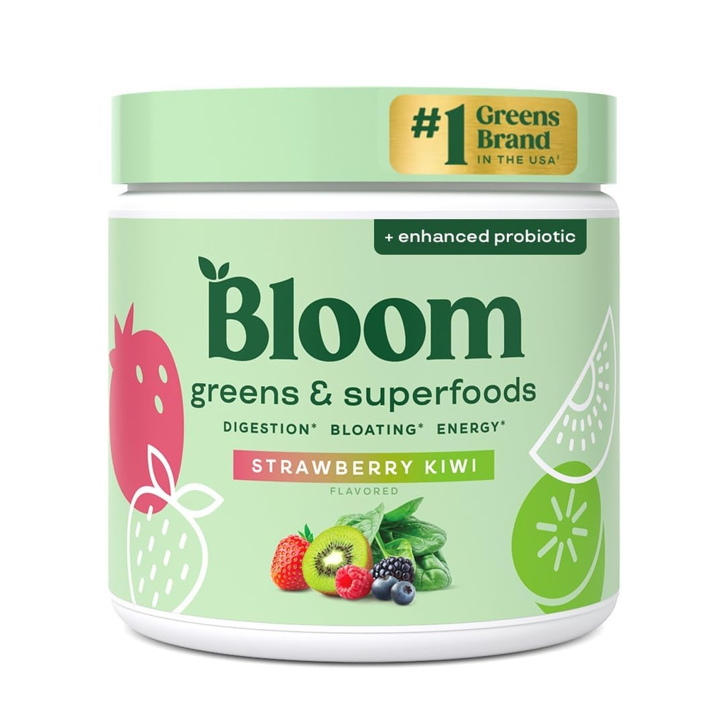 Bloom Nutrition Greens and Superfoods Powder for Digestive Health, Greens Powder, Digestive Enzymes, Probiotics, Spirulina, Chlorella for Bloating & Gut Support, Green Juice, 30 SVG, Strawberry Kiwi