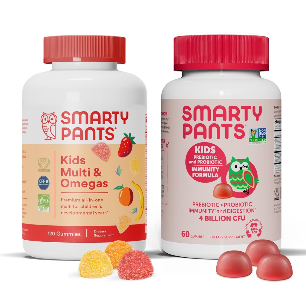 SmartyPants Kids Multivitamin Gummies and Probiotic Immunity Bundle: Omega 3 Fish Oil (EPA/DHA), Vitamin D3, C, Vitamin B12, B6, Digestive & Immune Support Supplement (30 Day Supply)