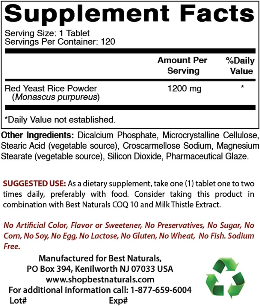 Best Naturals Red Yeast Rice Cholesterol Support 1200 mg & COQ10 100 mg