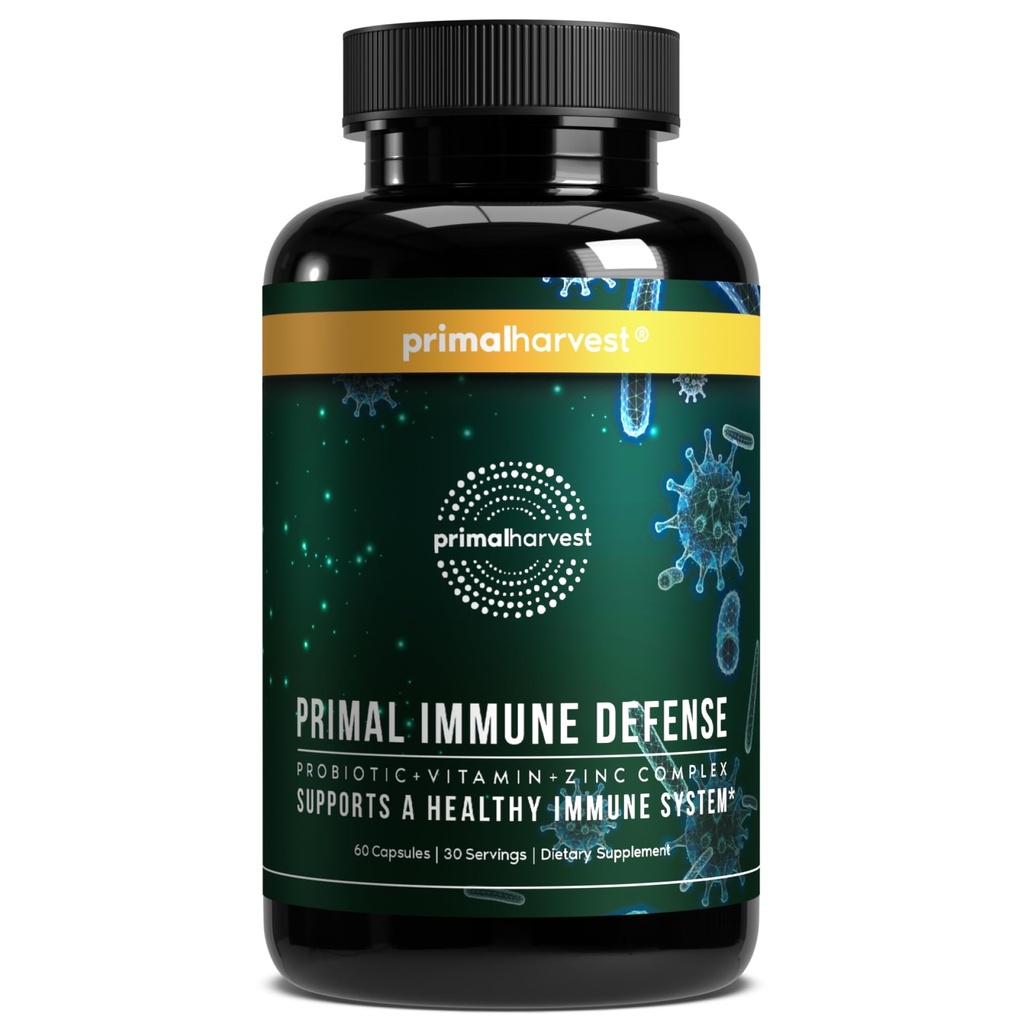 Primal Harvest Immune Defense 10-in-1 Supplement with Probiotics, Zinc, and Vitamins C, D3, K2, B6 Daily Immune Support for Adults