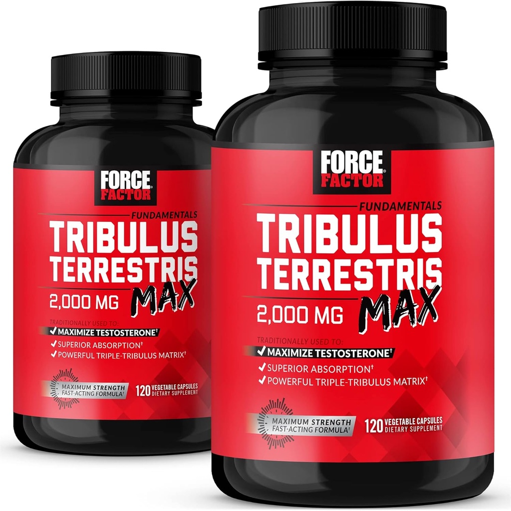 FORCE FACTOR Tribulus Terrestris Max for Men 2-Pack, Testosterone Booster, Male Vitality Supplement, Made with Key Natural Ingredients Superior Absorption, 2000mg, 240 Capsules, Red