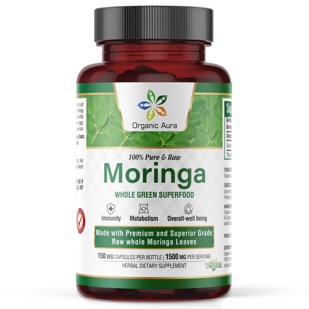 Organic Aura Moringa Leaf Capsules | 1500mg - 150 HPMC Veg | Whole Leaves Green Super Food Nutrition | Naturally Boosts Metabolism, Energy, Health, & Stamina | 100% Pure Safe Moringa |Non GMO.