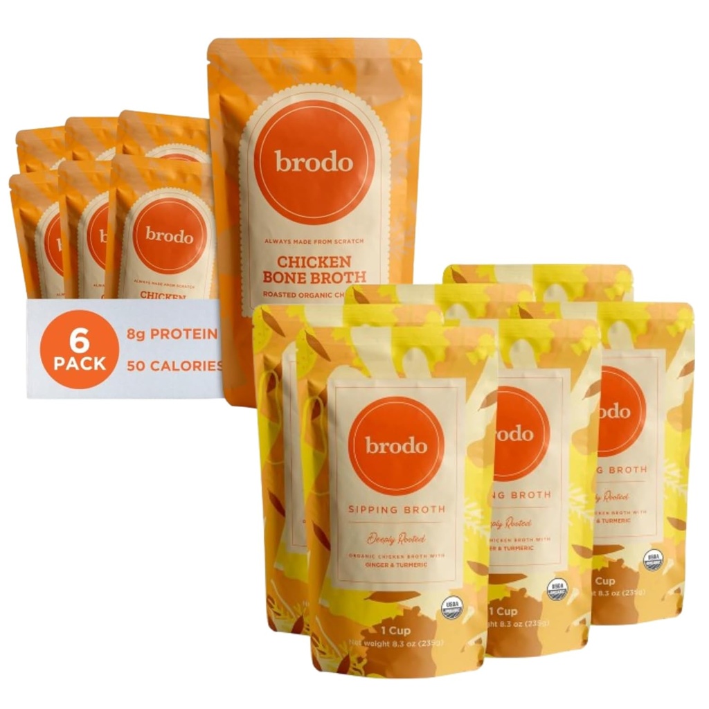 Brodo Deeply Rooted Organic Chicken Broth with Turmeric & Ginger | Nutrient Dense, Chef Crafted Bone Broth in Single Serving Pouches | Not Made From Concentrate, No Preservatives (6x 8.3 oz Pouches)