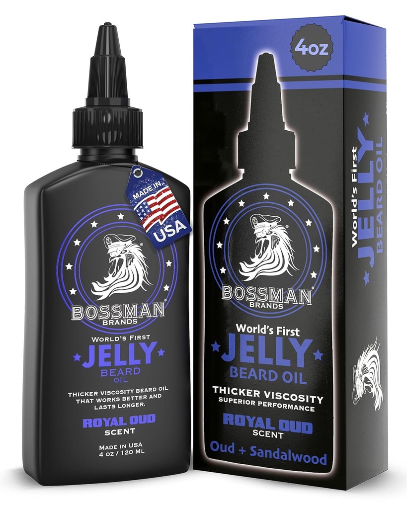 Bossman Jelly Beard Oil for Men (4 oz, Royal Oud Scent) – Softens, Moisturizes & Conditions with Natural Ingredients