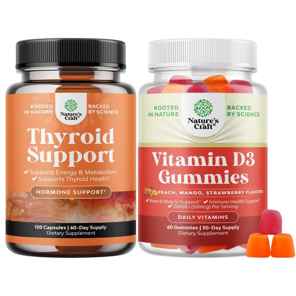 Bundle of Herbal Thyroid Support - Potent Kelp Iodine with L Tyrosine, Bladderwrack, Selenium & Pure Ashwagandha and Vitamin D3 Gummies - Delicious D Adults with 2000IU per Serving for Bone Muscle