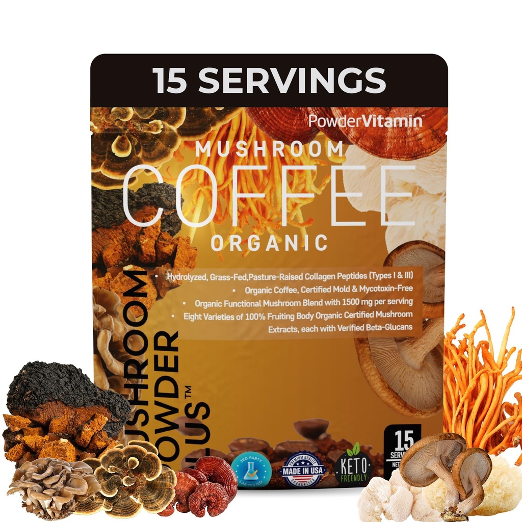 PowderVitamin Organic Mushroom Coffee - Mold & Mycotoxin-Free -15 Servings | Certified Grassfed Collagen, Types 1 & III 8 Fruiting Mushrooms, Beta-Glucans Focus Energy Digestion & Immunity
