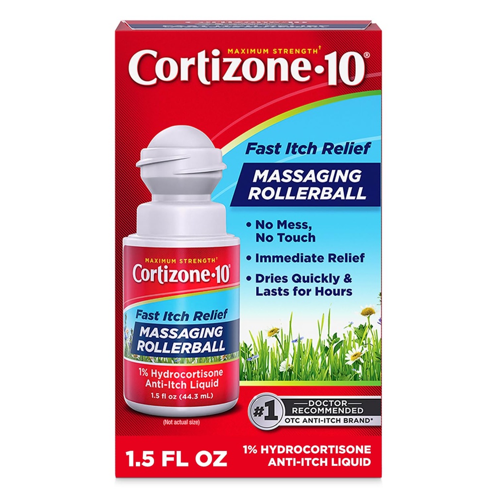 Cortizone-10 Maximum Strength Itch Relief Massaging Rollerball, 1% Hydrocortisone, Fast-Acting, Anti-Itch Liquid for Bug Bites, Rash, Eczema, Psoriasis, Poison Ivy, Oak, Sumac, 1.5 fl. oz
