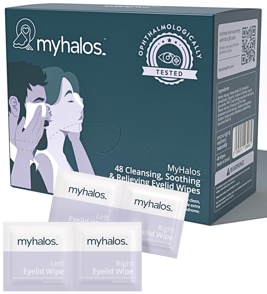 MyHalos® 48 Hydrating Eyelid Wipes for Dry Eye Relief - Moisturizing & Soothing Eye Wipes with Tea Tree - Helps with Blepharitis & Computer Vision Syndrome, Blepharitis Treatment for Eyelids, Cleanser