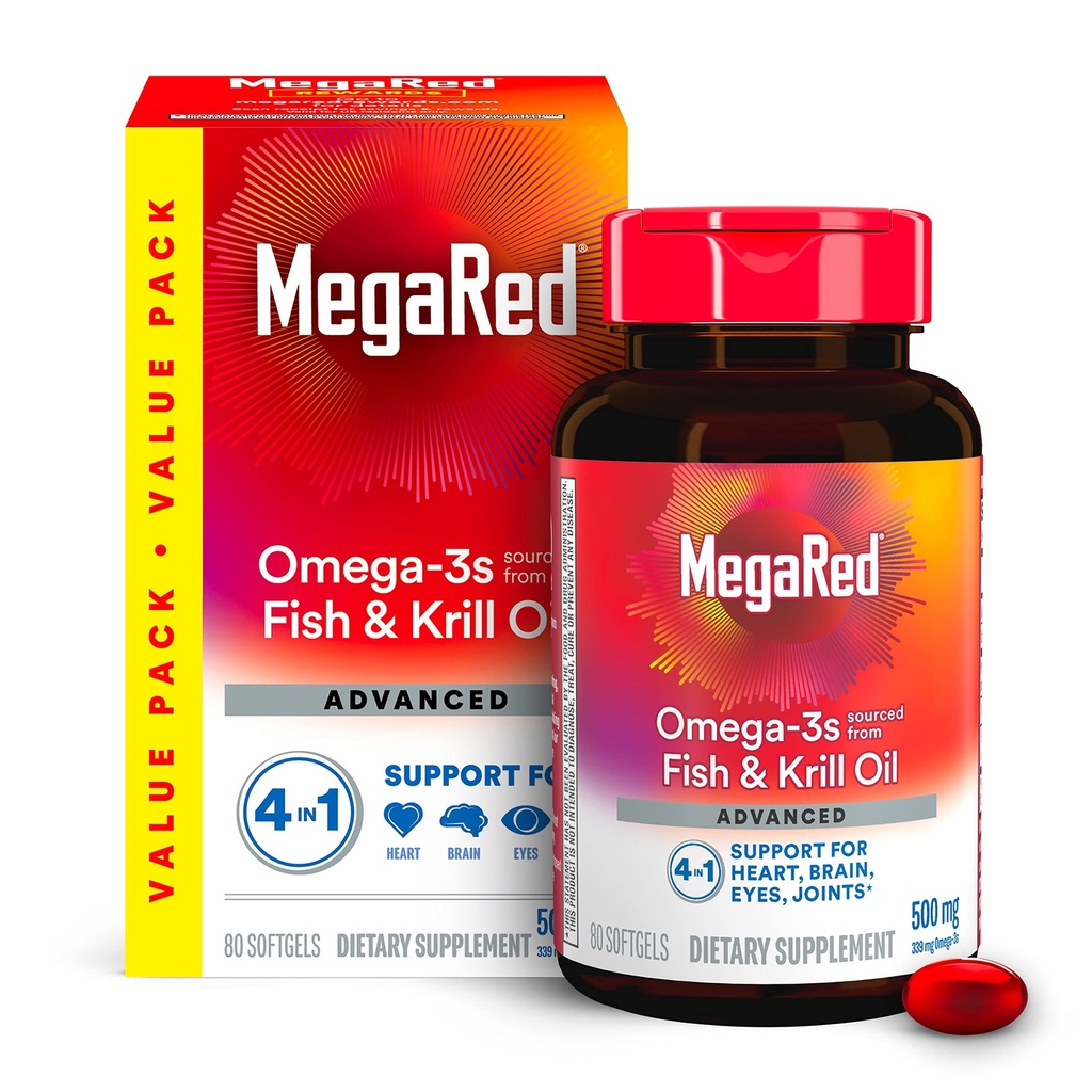 Megared Omega-3 Fish Oil + High Absorption Krill Oil 500mg Softgels, MegaRed Advanced 4in1 (80 count in a bottle) Concentrated Omega-3 Fish & Krill Oil Supplement