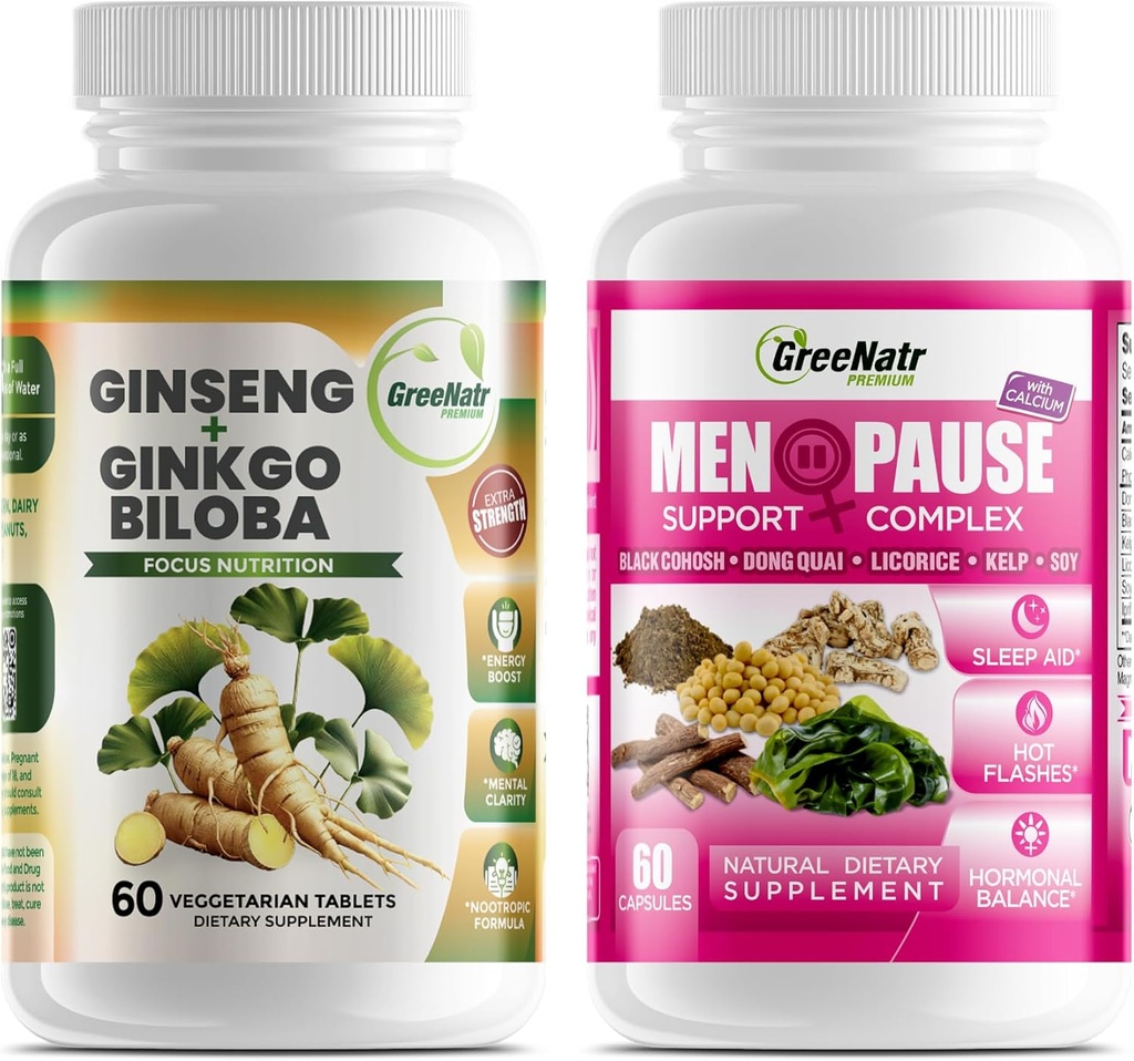 Optimal Wellness Solutions: Herbal Menopause Support and Ginseng + Ginkgo Biloba Energy & Brain Focus Booster for Men & Women