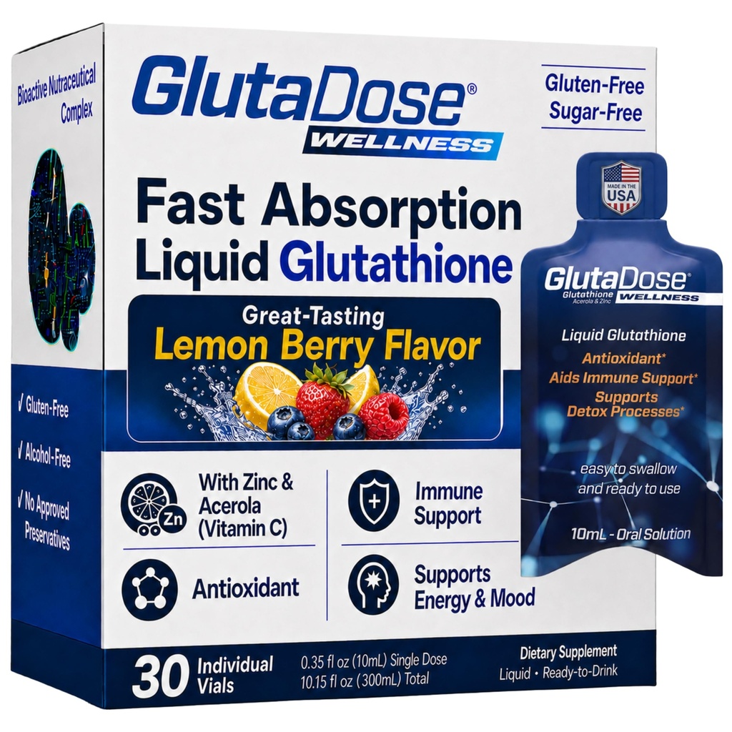 Liquid Glutathione Supplement, Lemon Berry Flavored Acerola Energy Booster w/Zinc, Daily Vitamins & Minerals, Zero Sugar Formulation, Everyday Auto-Immune Support for Adults, 0.34 fl oz, Pack of 30