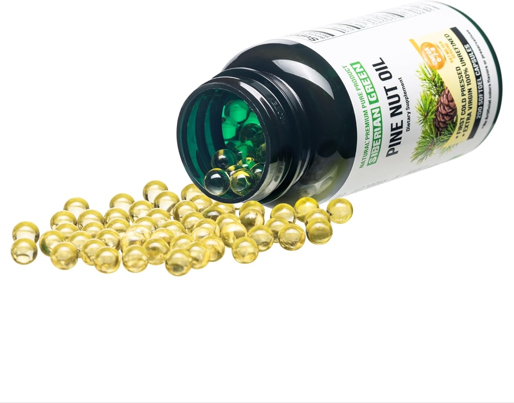 Siberian Green Pine Nut Oil Capsules 200 Softgels Wild Harvested Siberia Altai Cold Pressed Unrefined