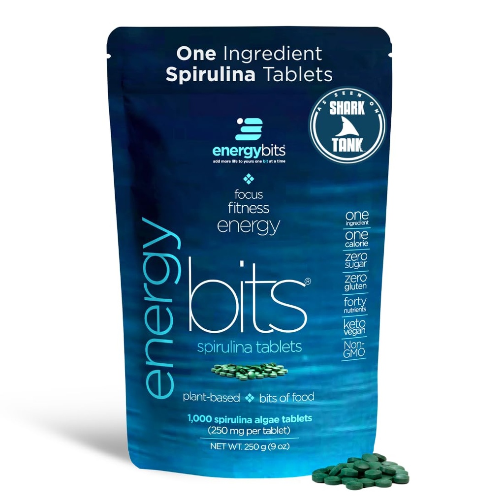 ENERGYBITS Organic Spirulina Tablets (1000 Algae Tablets) Natural Superfood for Energy, Fitness & Focus - 5g Protein, 1 Calorie, Sugar Free - Omega 3 - Spirulina Capsules - Gluten Free, Keto & Vegan