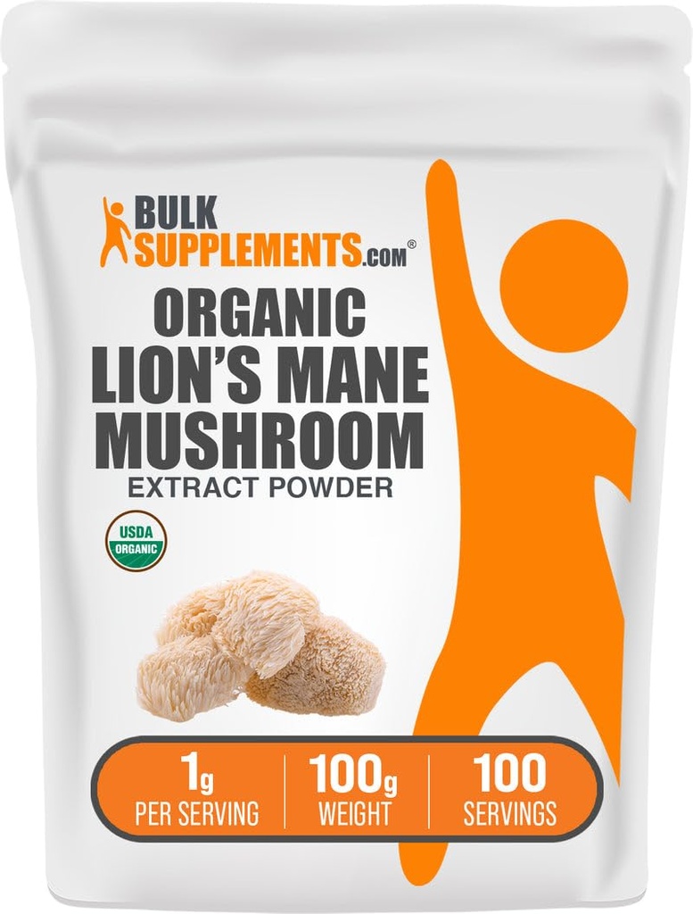 BulkSupplements.com Organic Lion's Mane Mushroom Extract Powder - Lions Mane Supplement Powder, Superfood for Well-Being - Vegan, 1g per Serving, 100g (3.5 oz) (Pack of 1)