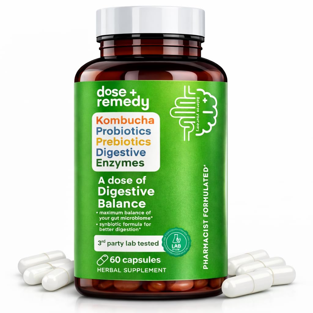 A dose of Digestive Balance-Gut Health Supplement-USDA-Kombucha, 7 Probiotic Strains and Prebiotics for Microbiome-Digestive Enzymes for Digestion-Bloating Relief for Women and Men (60 Count)