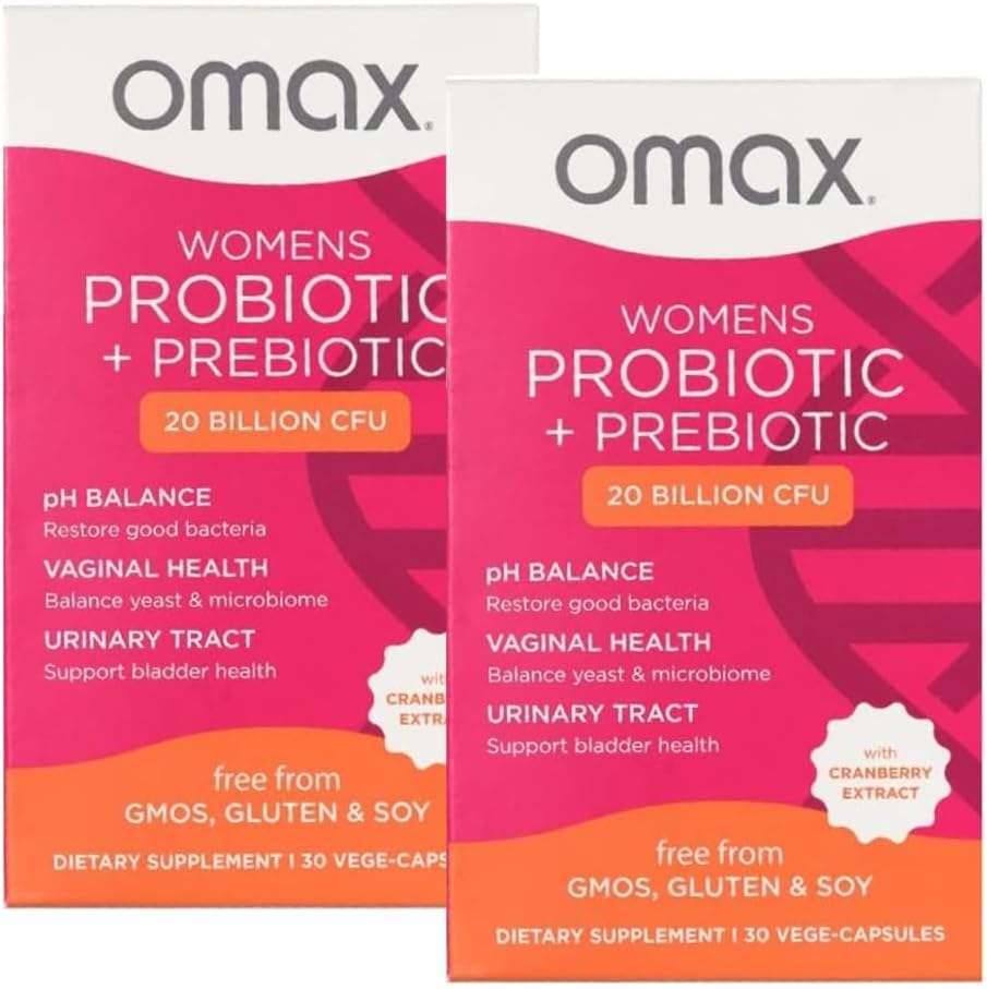 2 Pack Omax Prebiotics & Probiotics Complex for Women, pH Balance, Vaginal Health, Urinary Tract, Yeast, UTI/BV Prevention, Bloating pH 20 Billion CFU | Vegan, Organic, Gluten Free, 60 Vege-Capsules