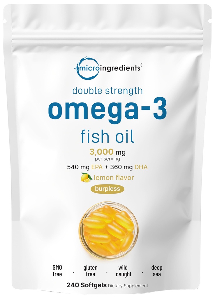 Micro Ingredients Omega 3 Fish Oil Supplements 3,000mg Per Serving, 240 Softgels | Lemon Flavored – Burpless | EPA 540mg + DHA 360mg | Deep Sea Fish