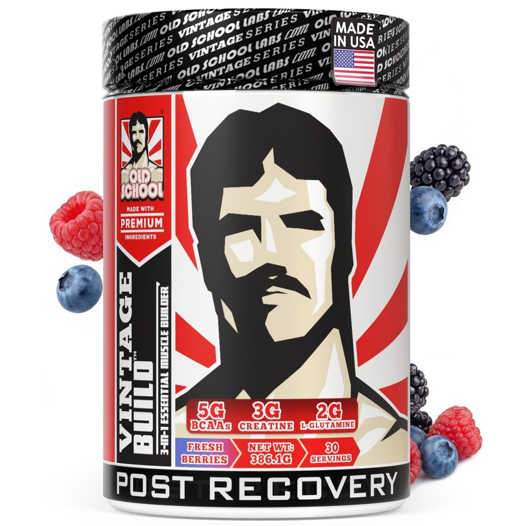 Old School Labs Vintage Build Post-Workout Recovery Powder Drink with BCAAs, Creatine & L-Glutamine to Support Muscle Recovery & Strength for Men & Women – Fresh Berries, 30 Servings