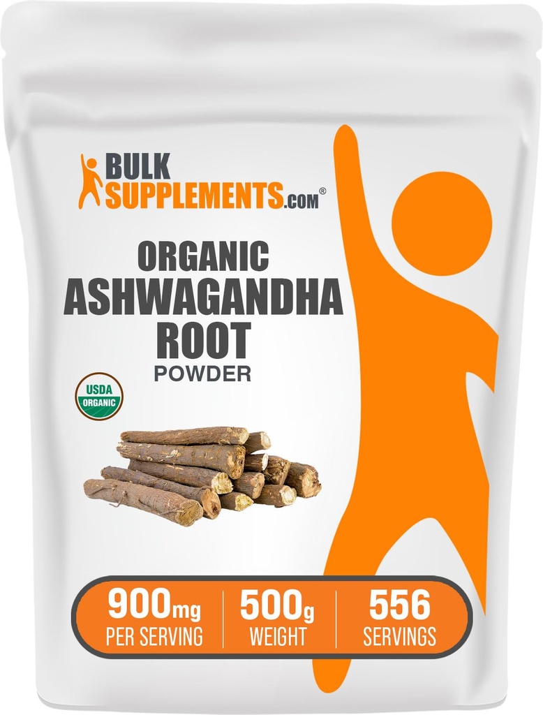 BulkSupplements.com Organic Ashwagandha Powder - Organic Ashwagandha Supplements, Sourced from Ashwagandha Root - Gluten Free, 900mg per Serving, 500g (1.1 lbs) (Pack of 1)