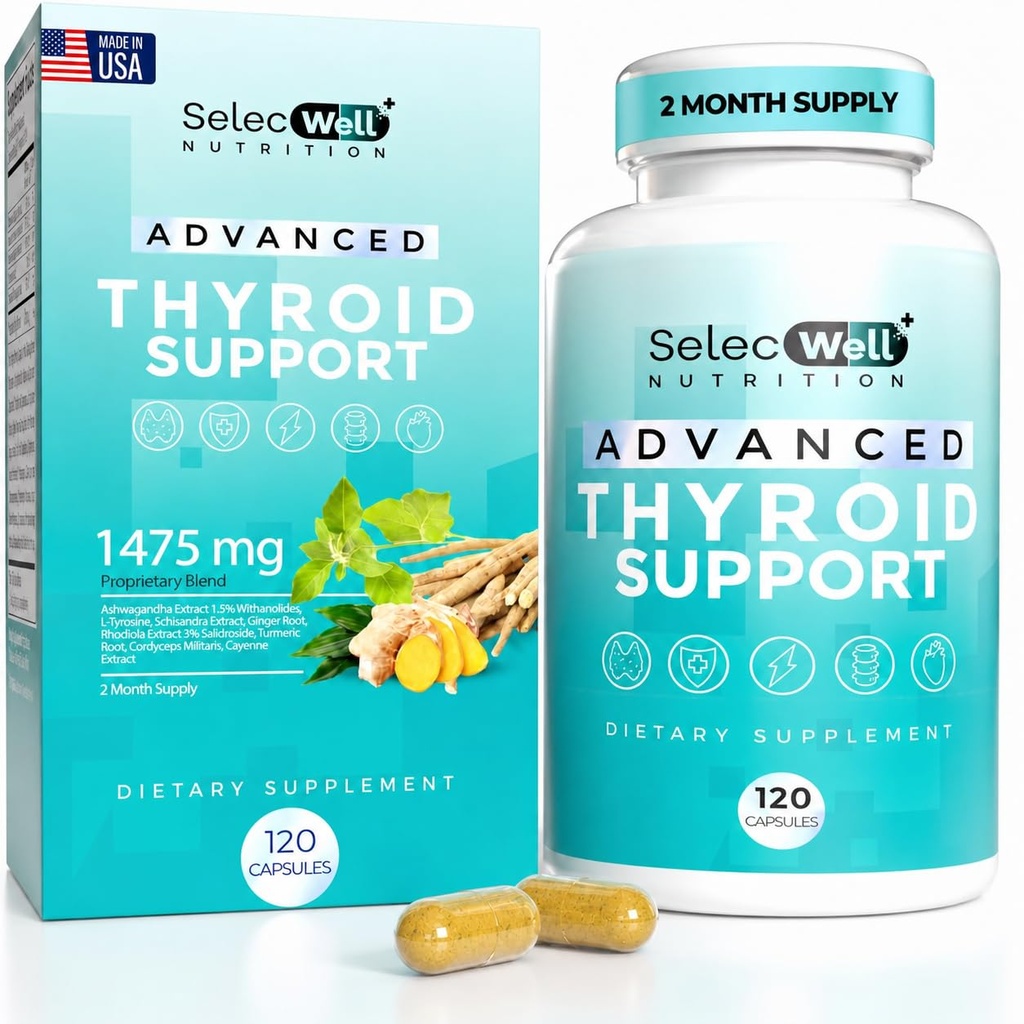 Advanced Thyroid Support, 2 Month Supply – Supports Energy, Focus & Hormone Balance – with Iodine, Selenium, Ashwagandha & L-Tyrosine (Vegetarian, Non-GMO)
