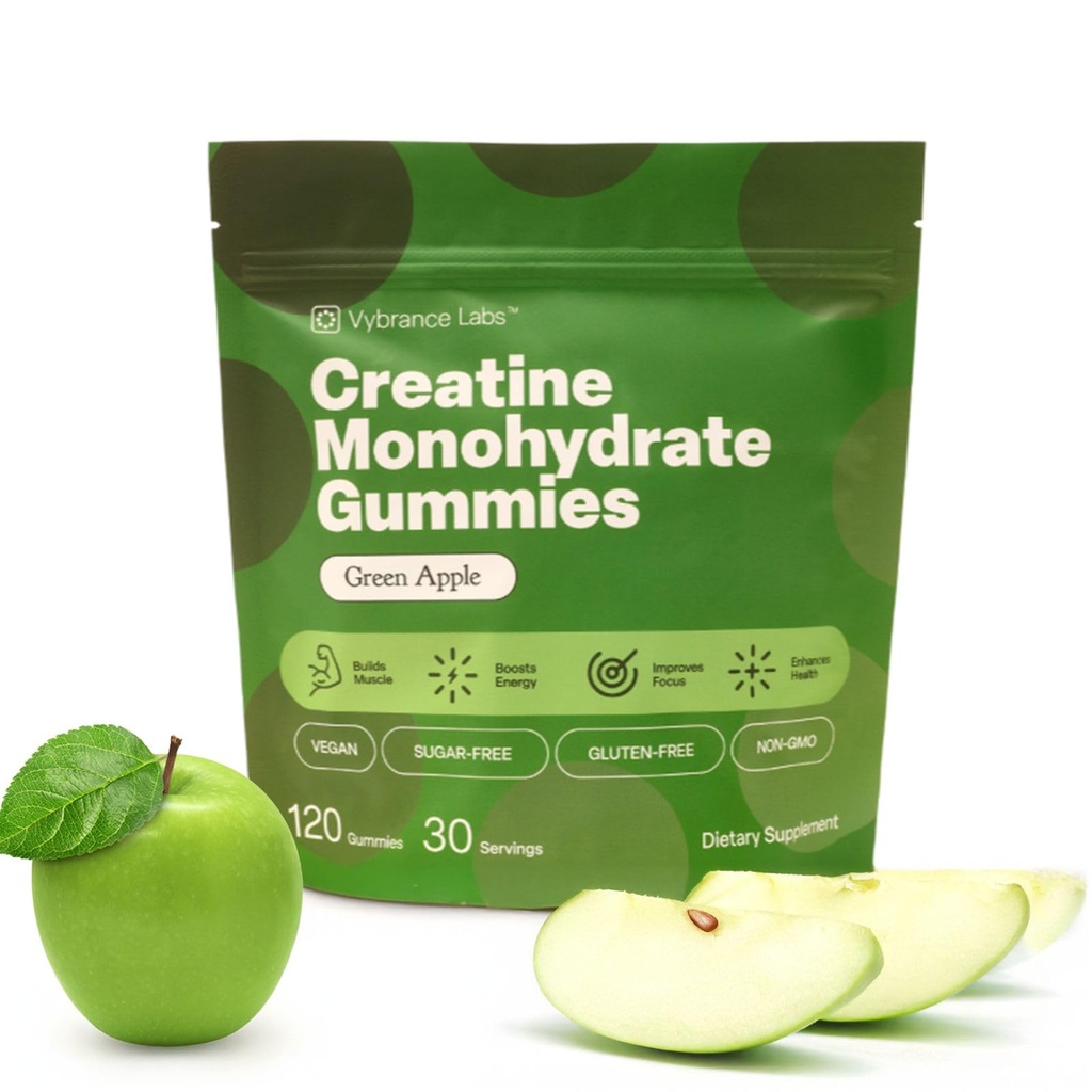 VYBRANCE LABS Creatine Gummies for Women & Men — First & Only 5g Creatine + Taurine + Vitamin B12 | Vegan Creatine Gummies | Sugar-Free | Green Apple