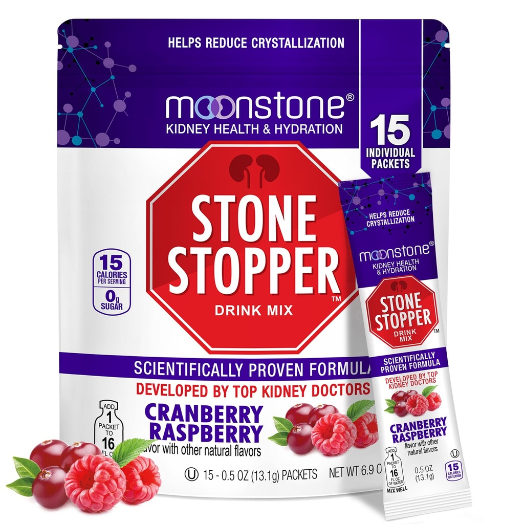 Moonstone Stone Stopper Drink Mix, Cranberry Raspberry, Kidney Stone Prevention, Calcium Oxalate Protector, Developed by Urologists to Improve Hydration and Support Kidney Health, 15 Day Supply