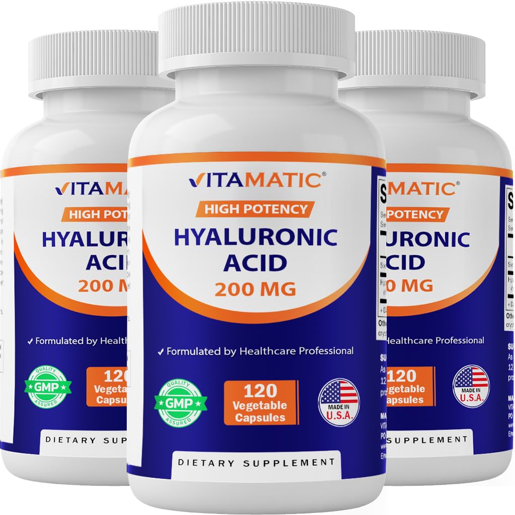 Vitamatic 3 Pack Hyaluronic Acid Supplements 200mg - Supports Healthy Connective Tissue and Joints - Promote Youthful Healthy Skin - Total 360 Capsules