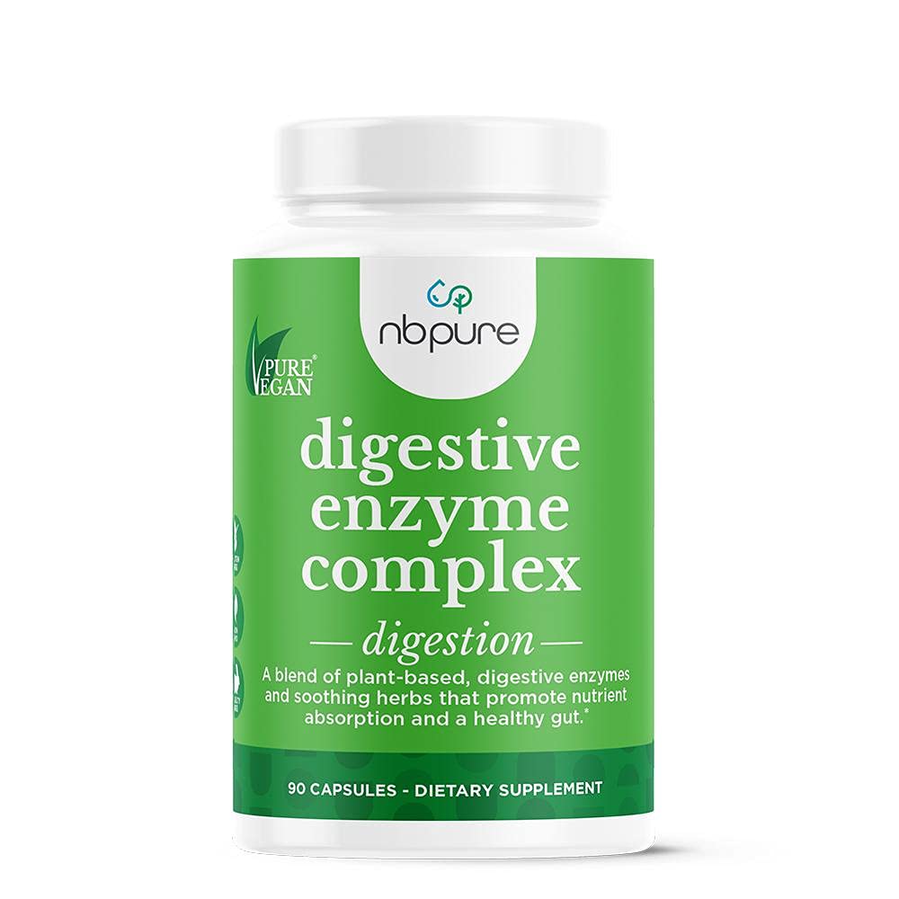 nbpure Vegan Digestive Enzyme Complex – Daily Bloating, Gas, & Food Digestive Support for Women & Men – 12 Enzymes & 3 Herbs – Lactase, Protease, Lipase, Ginger, Cinnamon, Peppermint + More