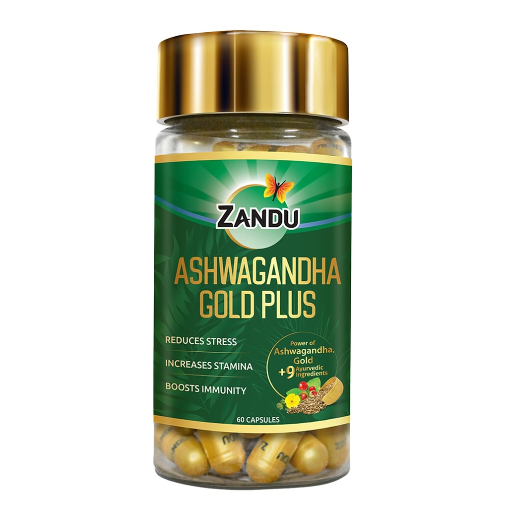 Zandu Ashwagandha Gold Plus I Reduces Stress & Cortisol, Improves Sleep and Muscle Recovery I Over 5% Withanolide Content | Scientifically Tested | 60 Caps