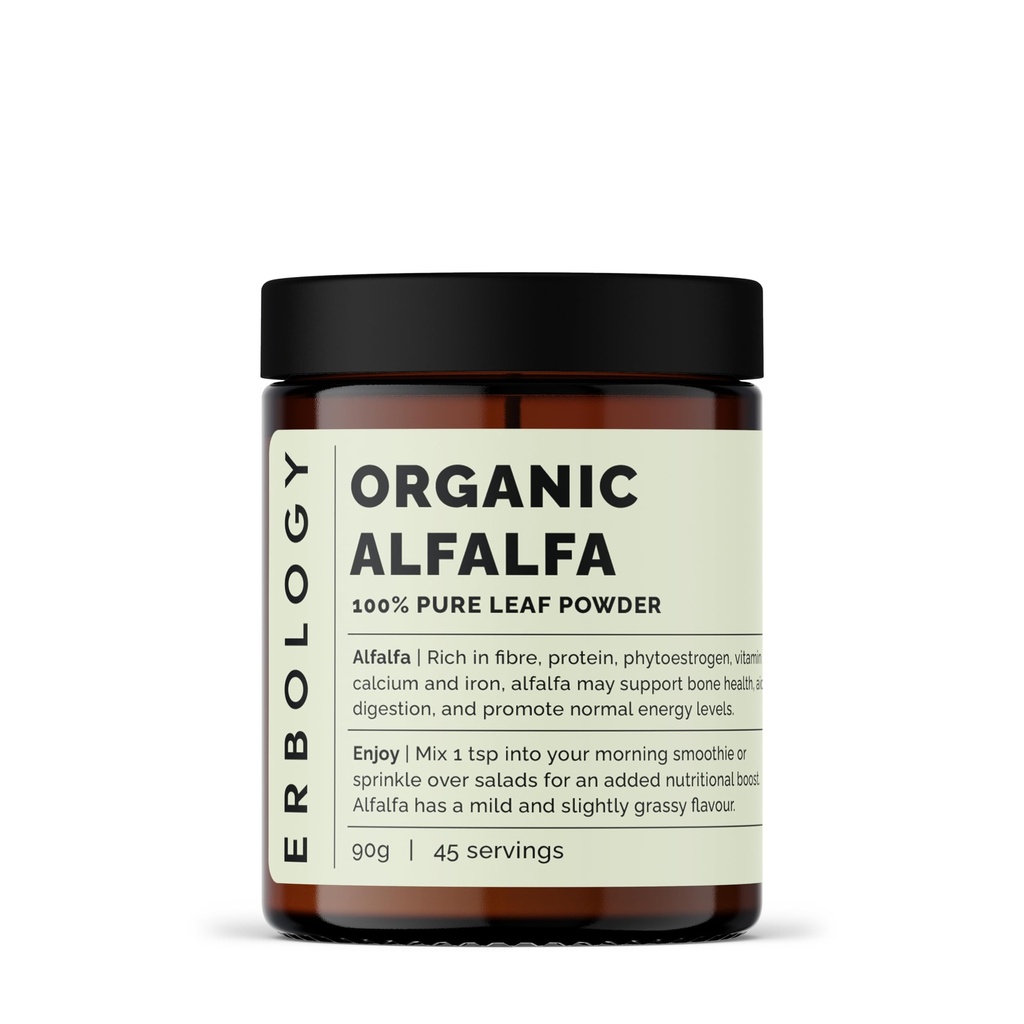 Erbology Organic Alfalfa Powder 3.2 oz - 45 Servings - Supports Bone and Gut Health - Rich in Vitamin A, Calcium and Iron - Sustainably Sourced Straight from Farm - Small Batch - Vegan - GMO-Free