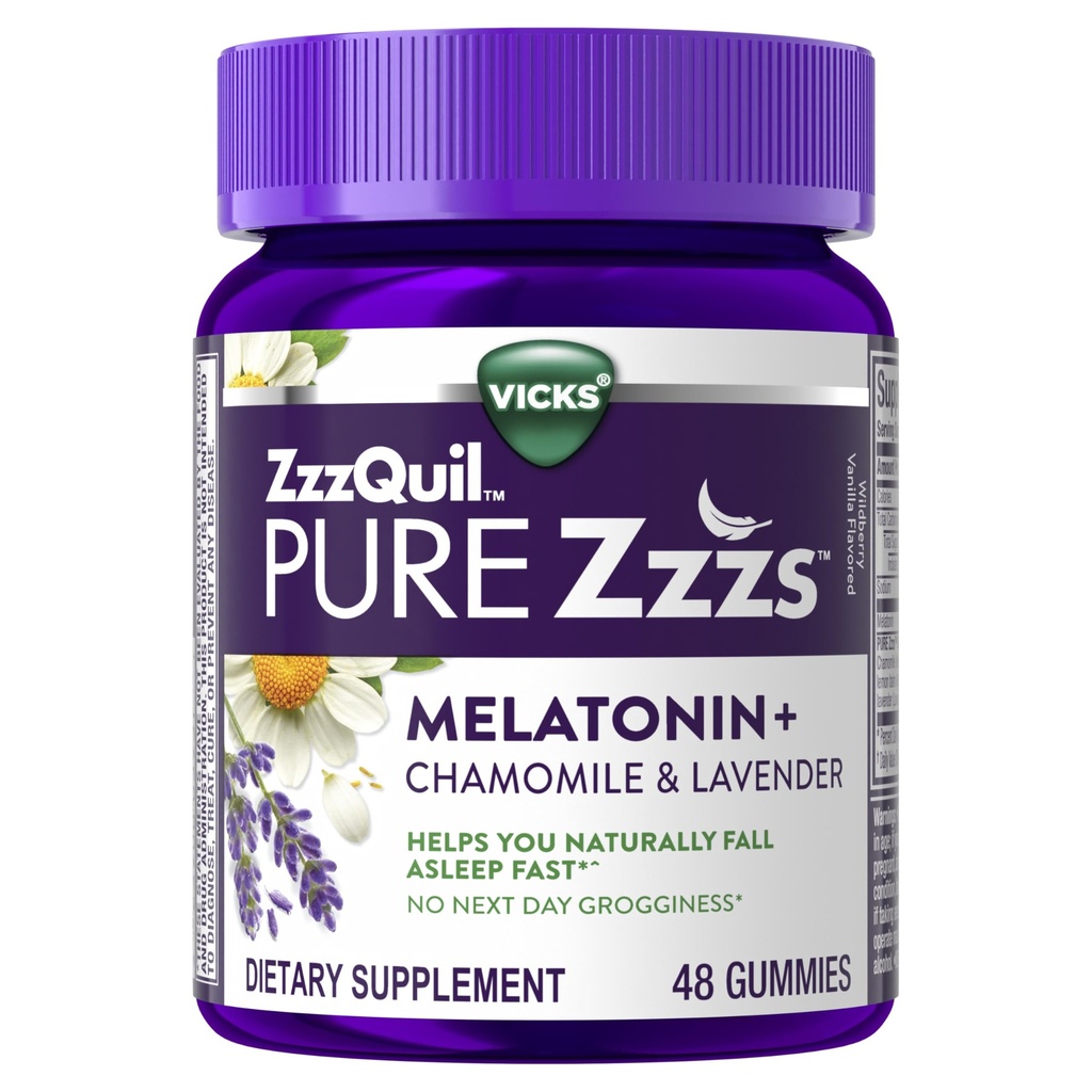 ZzzQuil Pure Zzzs Melatonin Gummies, Sleep Aid, Melatonin 2mg, with Chamomile & Lavender, Melatonin Sleep Gummies, Sleep Aids for Adults, Wildberry Vanilla Flavored, 48 Sleep Gummies