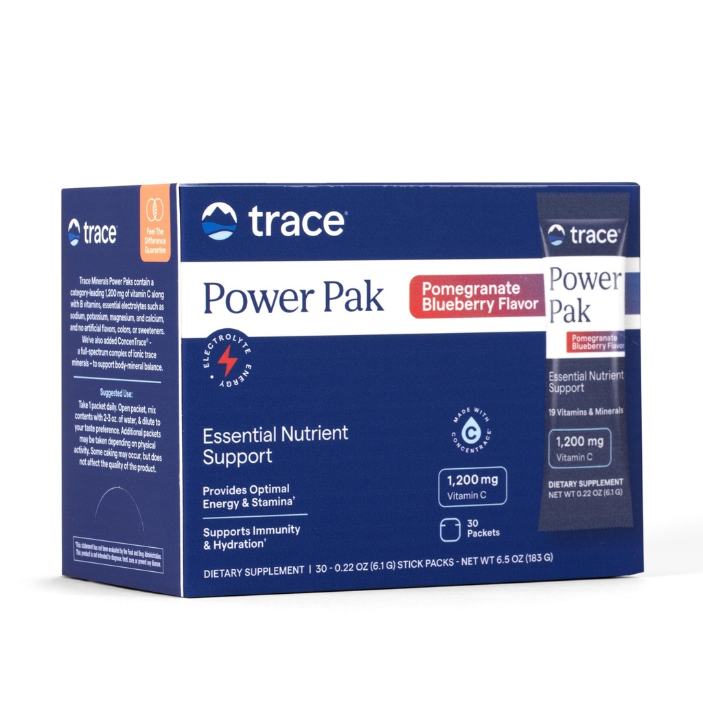 Trace Minerals | Power Pak Electrolyte Powder Packets | 1200 mg Vitamin C, Zinc, Magnesium | Boost Immunity, Hydration and Natural Energy | Pomegranate Blueberry | 30 Packets