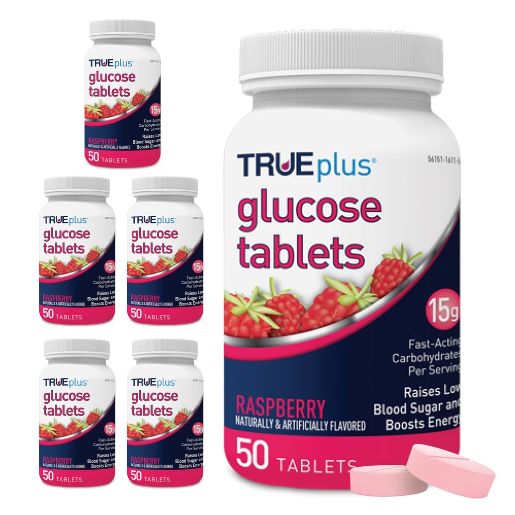 TRUEplus Glucose Tablets, Chewable, Raspberry Flavor, 15g Fast-Acting Carbohydrates, Fat Free, Gluten Free, Boost Energy, 50 Count, 6 Bottles