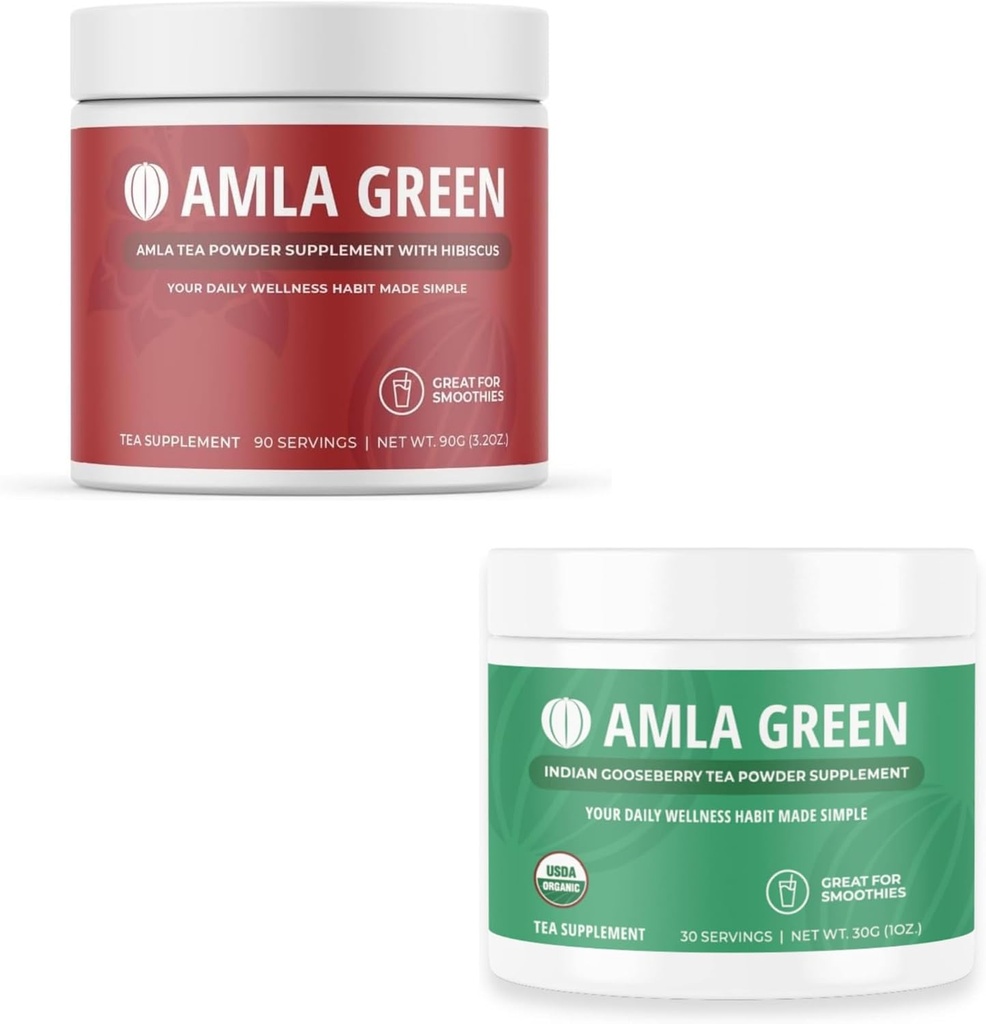 Amla Powder & Green Tea Superfood Supplement, Antioxidant Support, Made with Hibiscus (90 Servings) & Indian Gooseberries (30 Servings), Organic, Vegan
