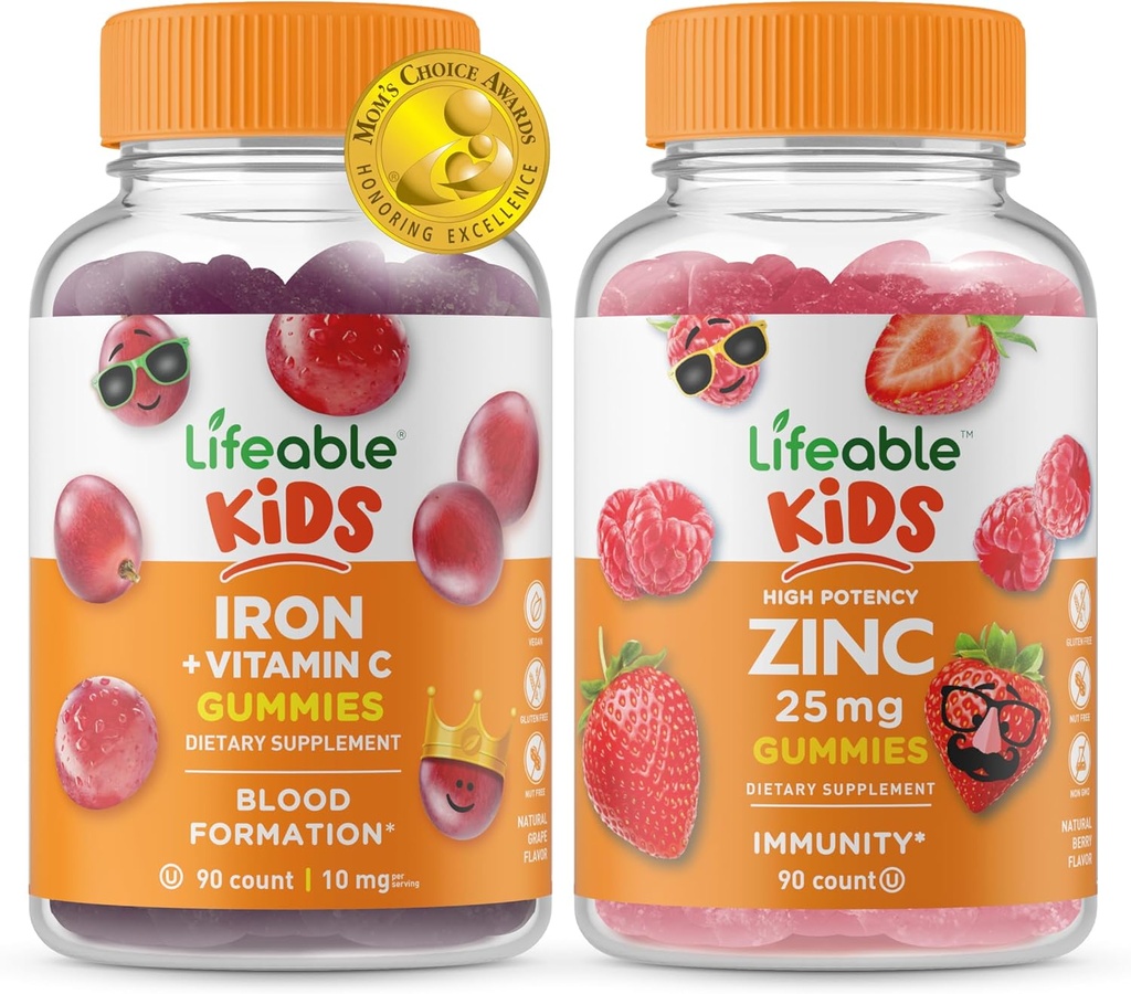 Lifeable Iron & Vitamin C Kids + Zinc 50mg, Gummies Bundle - Great Tasting, Vitamin Supplement, Gluten Free, GMO Free, Chewable Gummy
